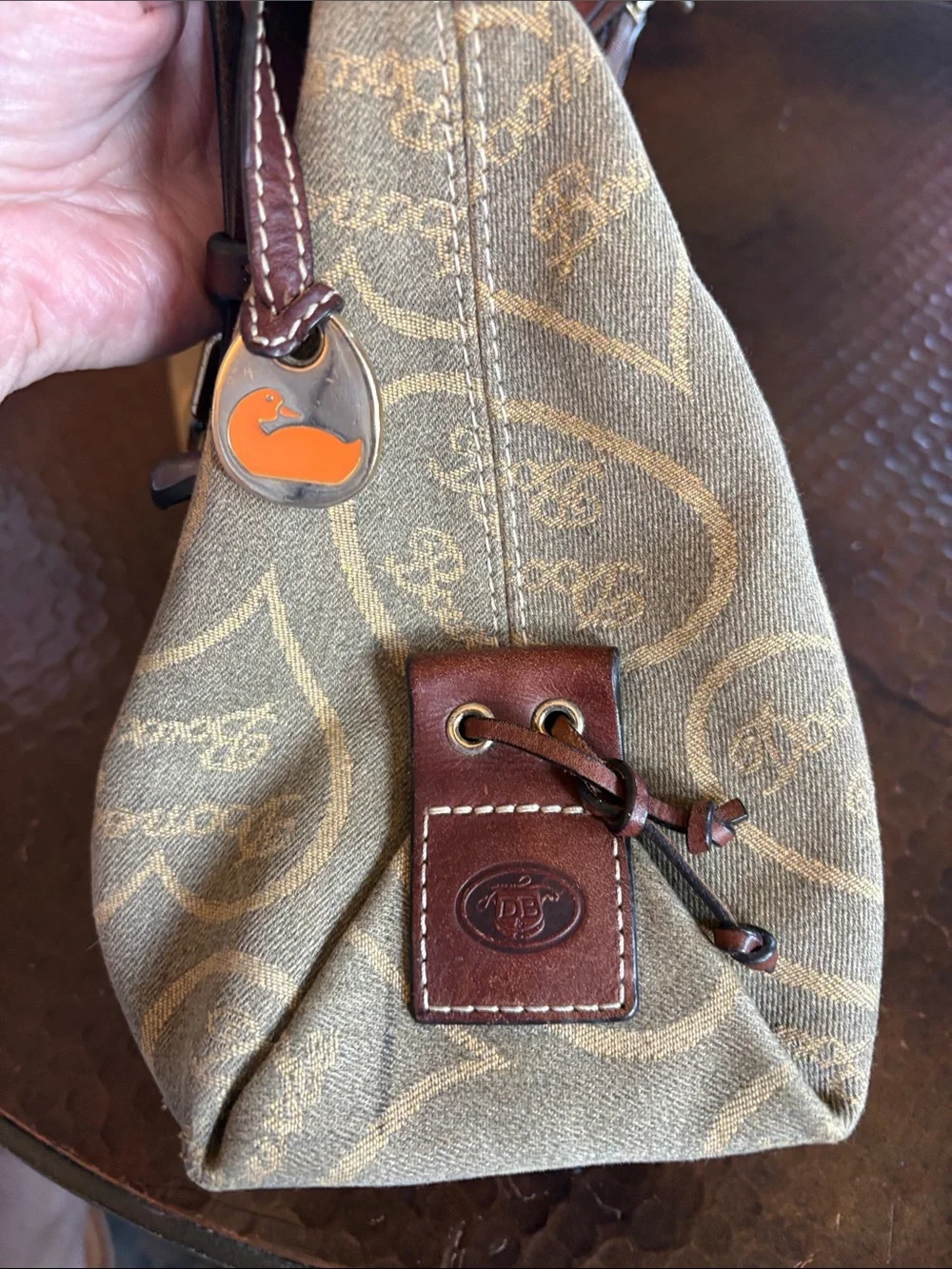 Vintage Dooney & Bourke Heart Monogram Leather Hobo Bag Beige Brown